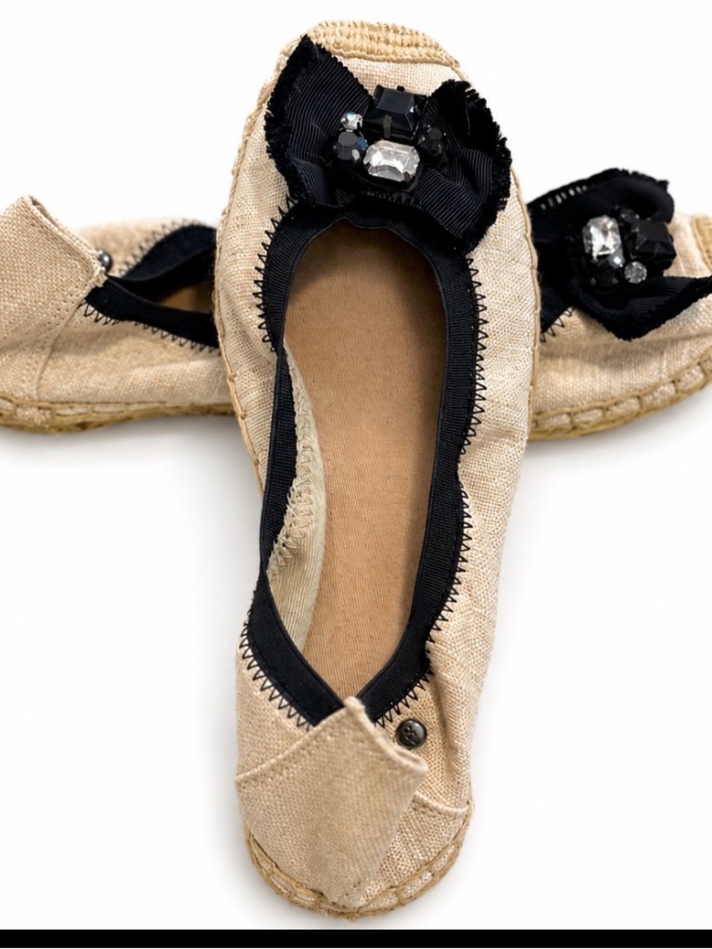 Butterfly Twists Beige Espadrille Ballet Flats Black Jewel Bow Slip On Shoes